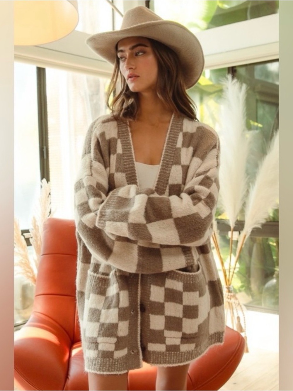 Cozy Checkered Open-Front Beige Cardigan